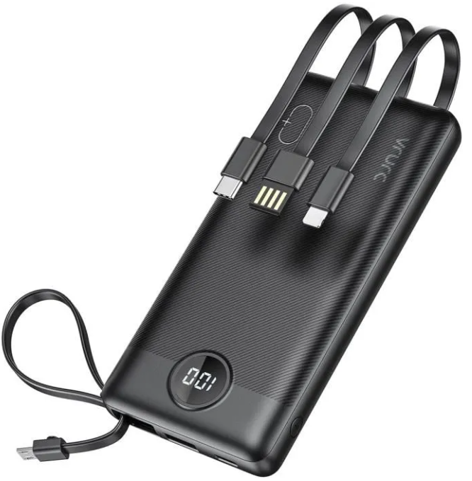batterie externe noire avec câbles de plusieurs types intégrés